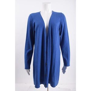 Eileen Fisher Womens Cardigan Sweater Long Merino Wool Blue L Large Button Front